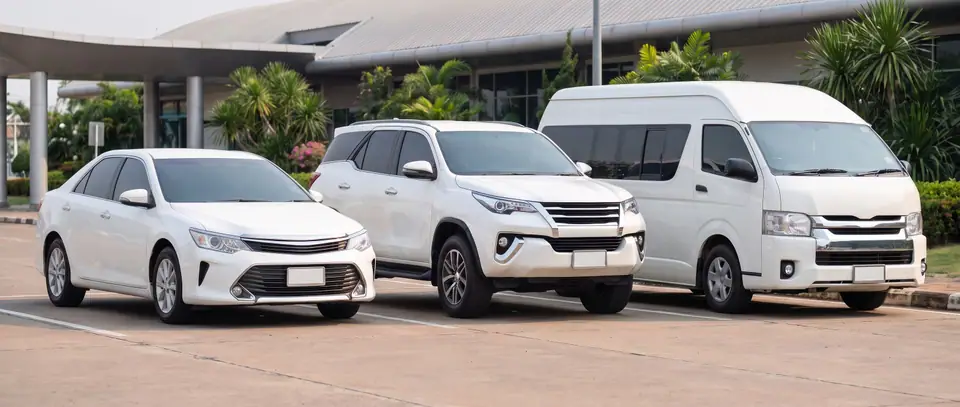 รถเก๋ง SUV และรถตู้ ติดป้าย TAXI บนหลังคา จอดหน้าอาคารสนามบิน