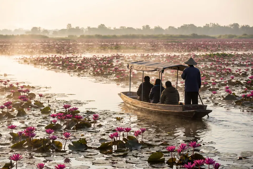 เรือล่องท่ามกลางดอกบัวสายสีชมพูที่หนองหานยามเช้า